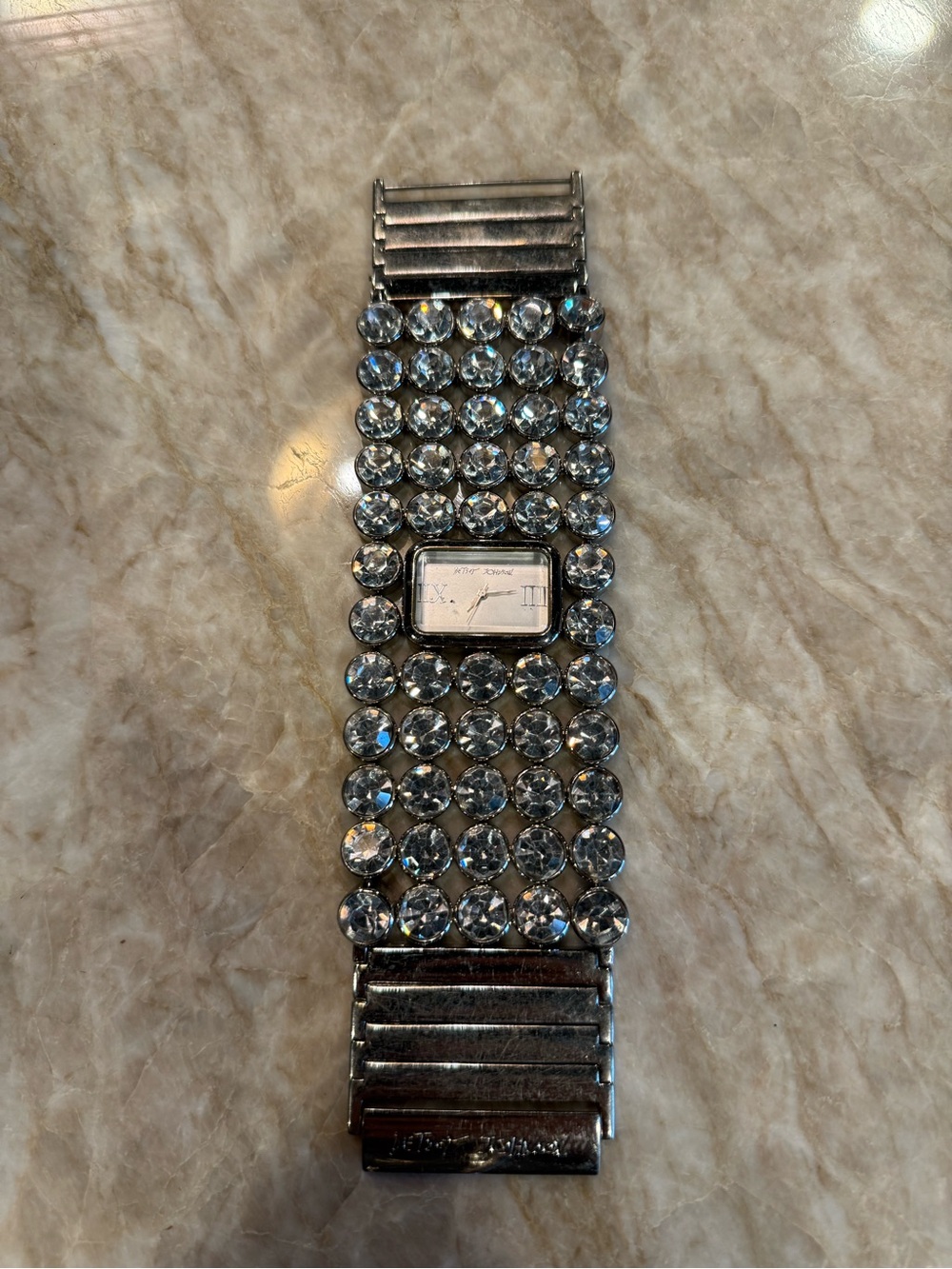 Betsey Johnson Silver Crystal-Studded Stretch Bracelet Watch